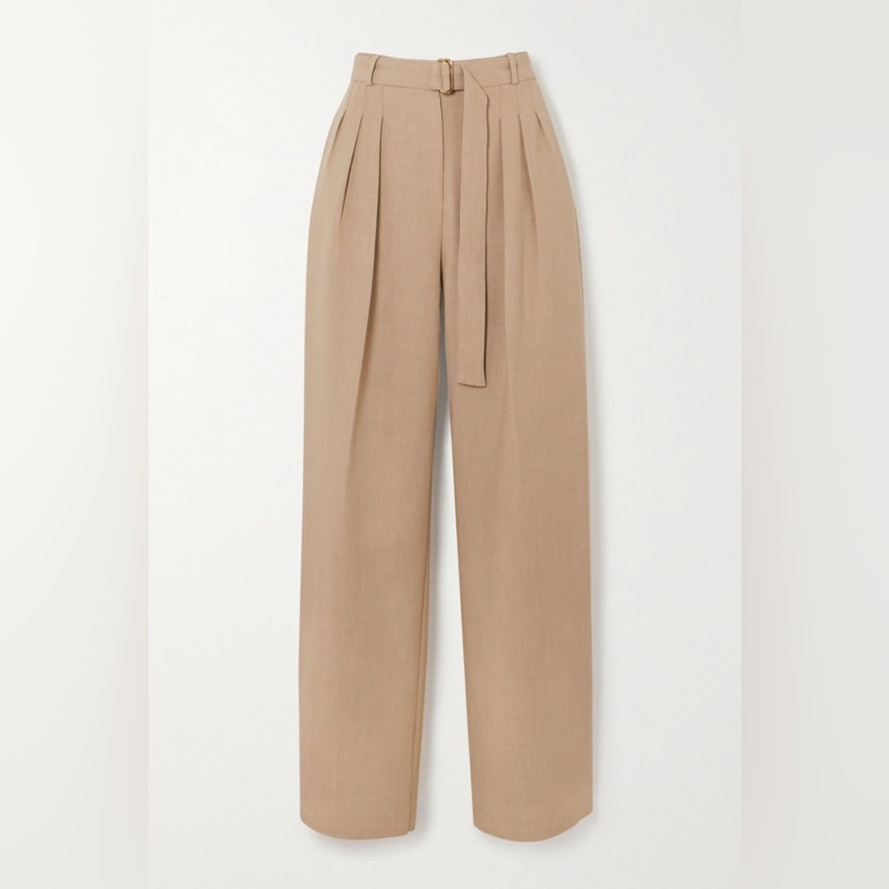 FRANKIE SHOP Belted Straight Pants in Natural Beige